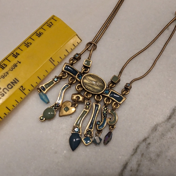 VINTAGE CHICO'S CHATELAINE STATEMENT 2 STRAND BRUSHED GOLD NECKLACE DANGLE BIB - Picture 4 of 11